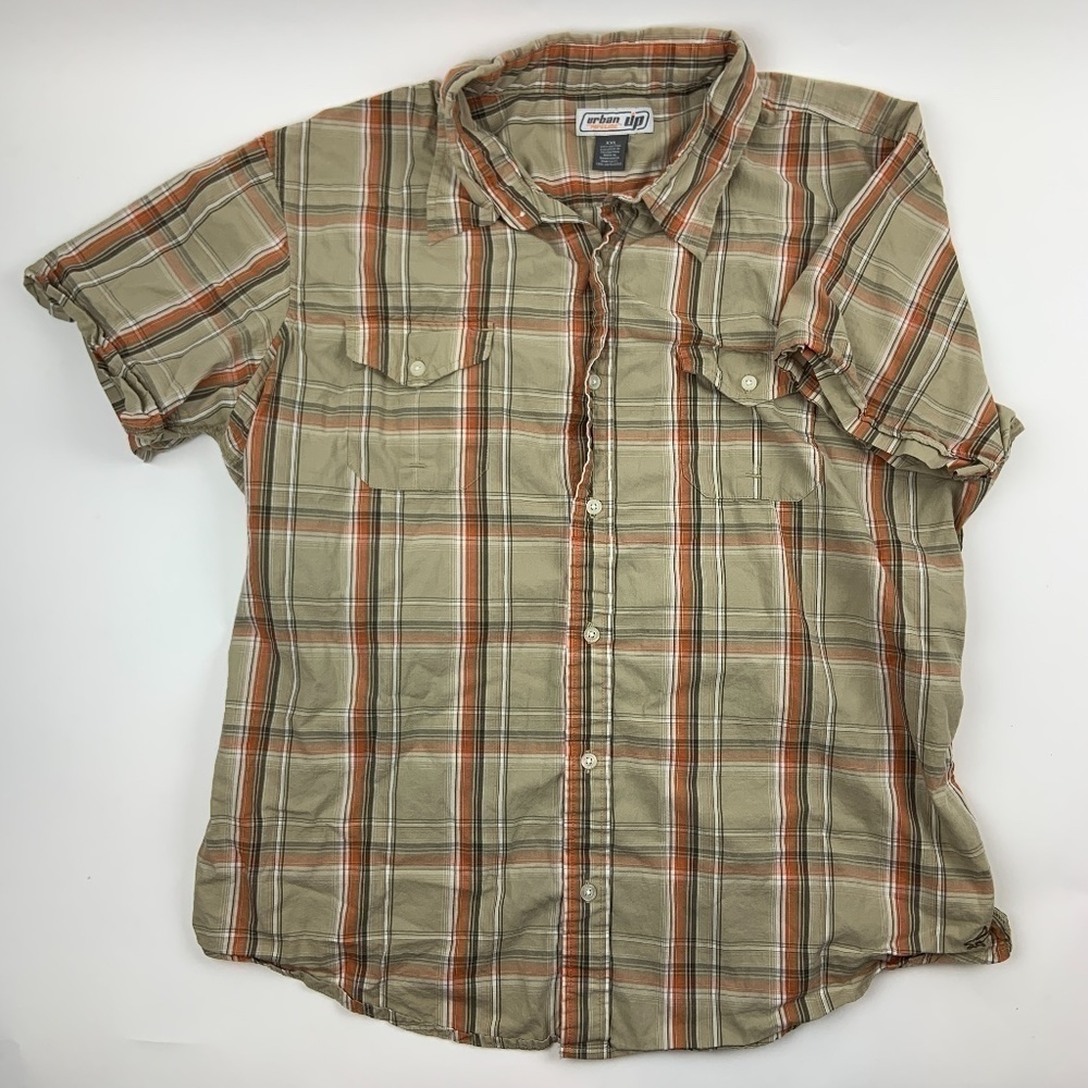 Urban Pipeline Button Down Shirt Mens XXL Collar Short Sleeve Plaid Green Orange